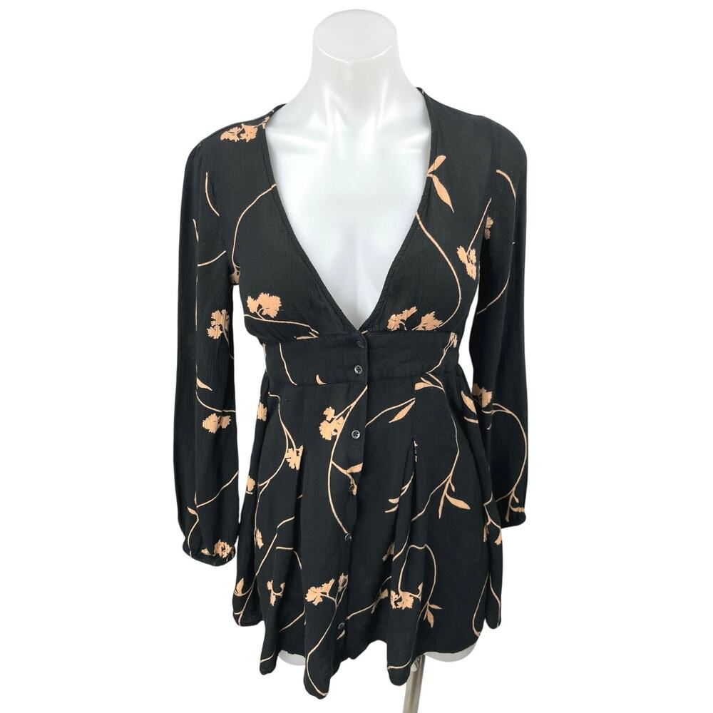 Billabong Black Beige Your Love Floral Long Sleeve Button-Up Skater Mini Dress S